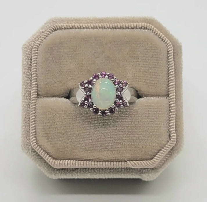 Vintage Opal and Pink Sapphire Sterling Silver Ring