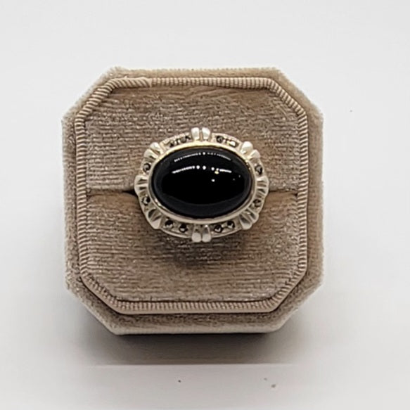 Vintage Large Onyx and Marcasite Sterling Silver Ring