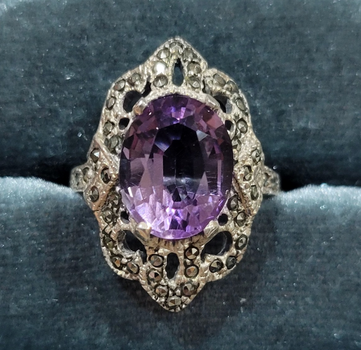 Vintage Amethyst and Marcasite Ring in Sterling Silver