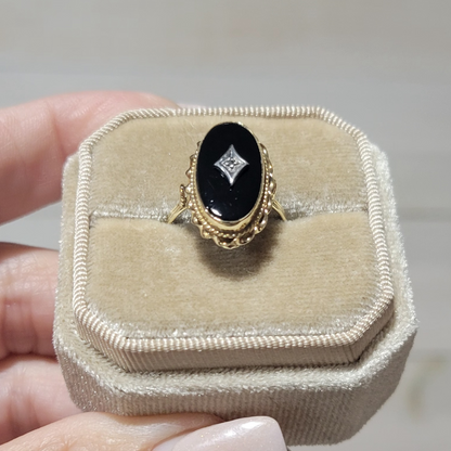 Vintage Black Onyx and Diamond 10K Yellow Gold Ring