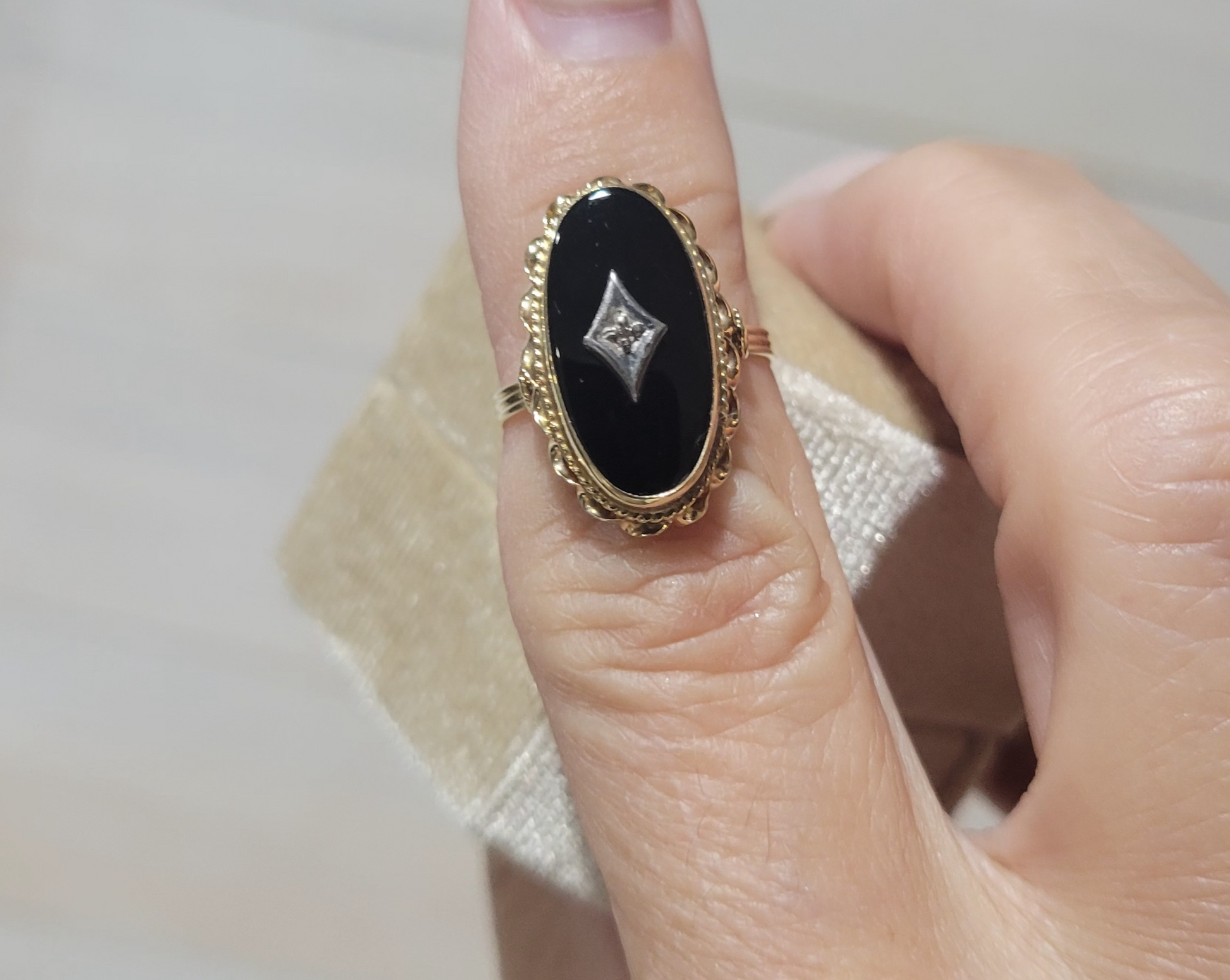 Vintage Black Onyx and Diamond 10K Yellow Gold Ring