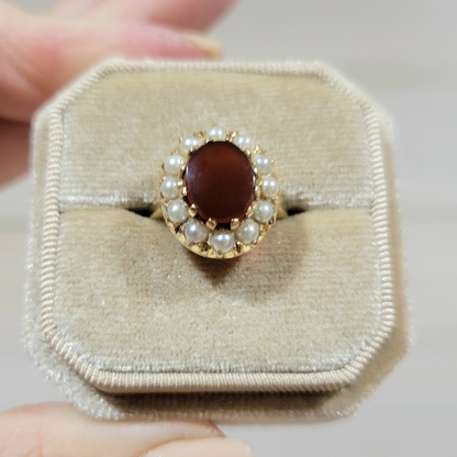 Vintage Carnelian and Pearl 14K Yellow Gold Ring