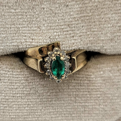 Vintage Emerald with Diamond Halo 10K Yellow Gold Ring