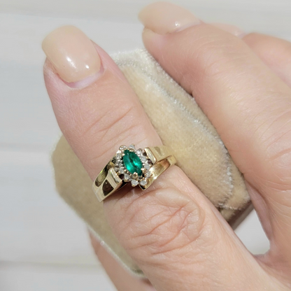 Vintage Emerald with Diamond Halo 10K Yellow Gold Ring