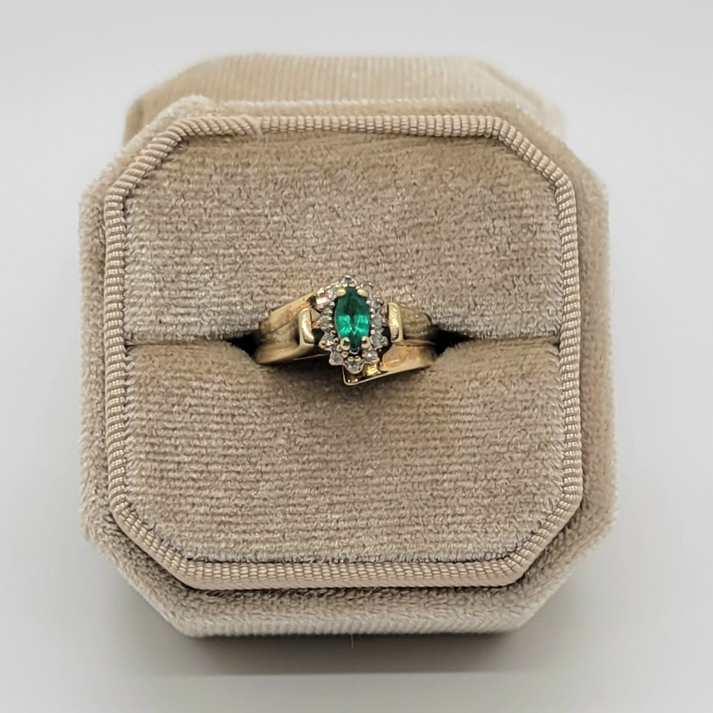 Vintage Emerald with Diamond Halo 10K Yellow Gold Ring