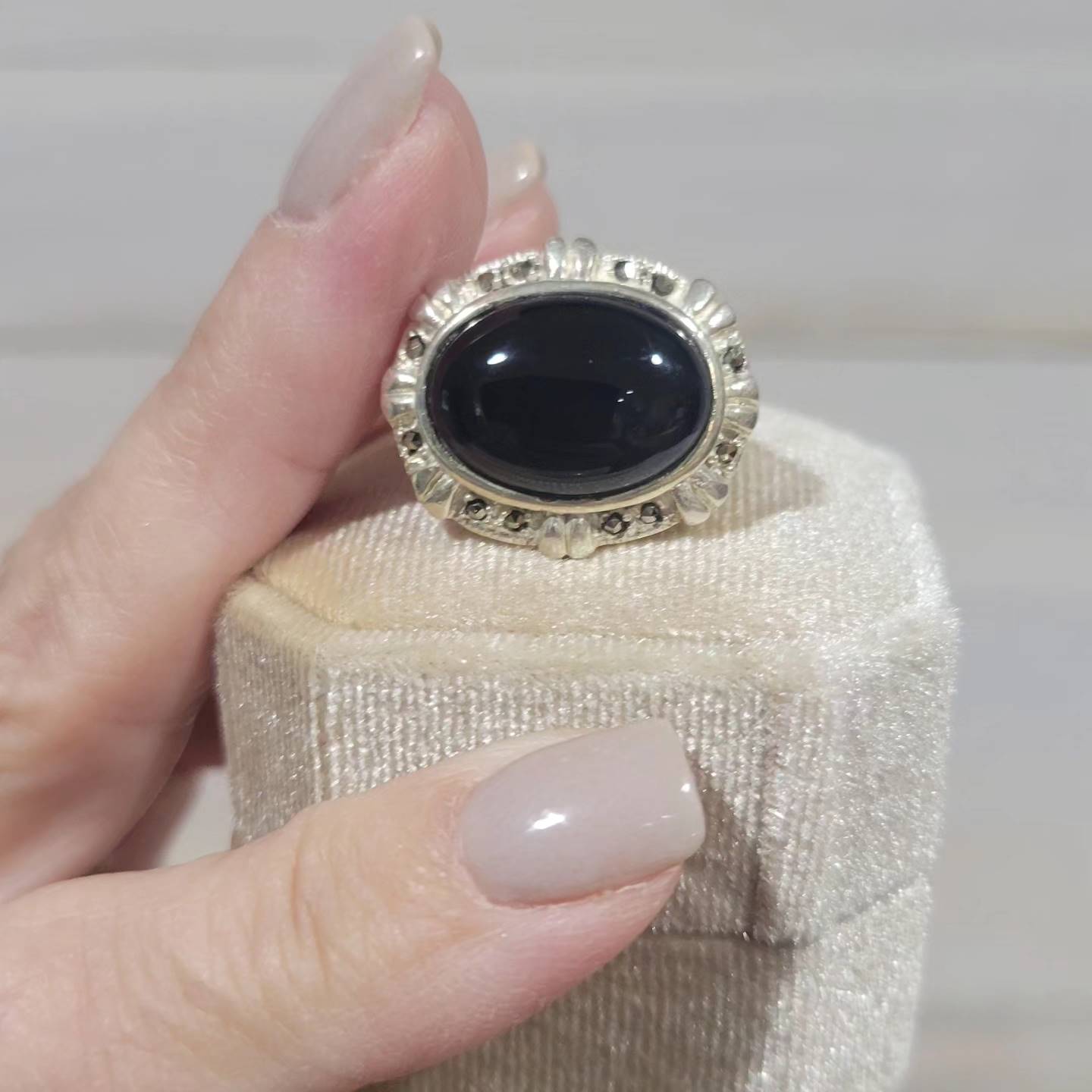 Vintage Large Onyx and Marcasite Sterling Silver Ring
